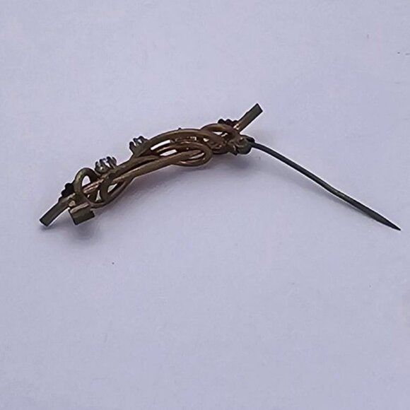 VTG Brooch Gold Tone Bar Rhinestone Antique Regencycore Leaf Accent Fairycore 2" - Picture 14 of 16